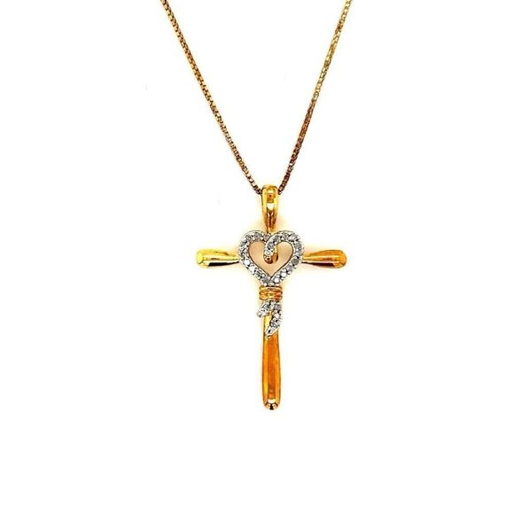 Gold Over Silver 925 Diamond Cross Necklace - Picture 1 of 8